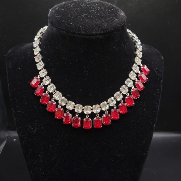Source Unknown Jewelry - Vintage Silver tone Clear Pink Glass Dangle Choker necklace